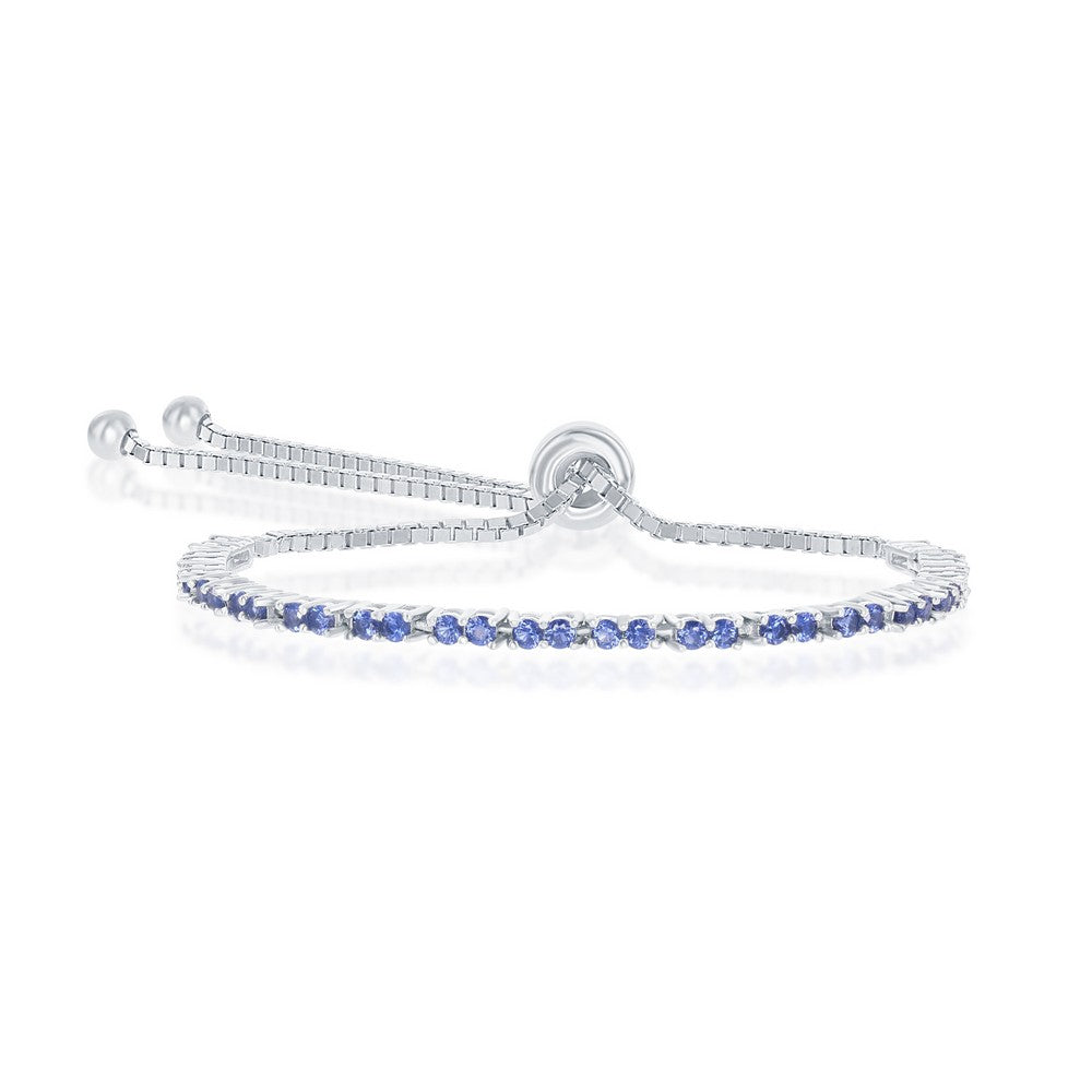 Sterling Silver, 2MM Sapphire CZ 'September Birthstone' Tennis Adjustable Bolo Bracelet