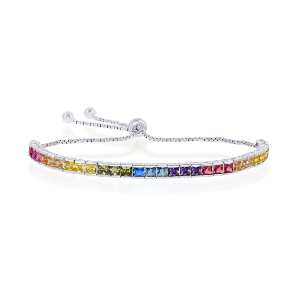 Sterling Silver Rainbow CZ Channel-Setting 4mm Adjustable Bolo Bracelet