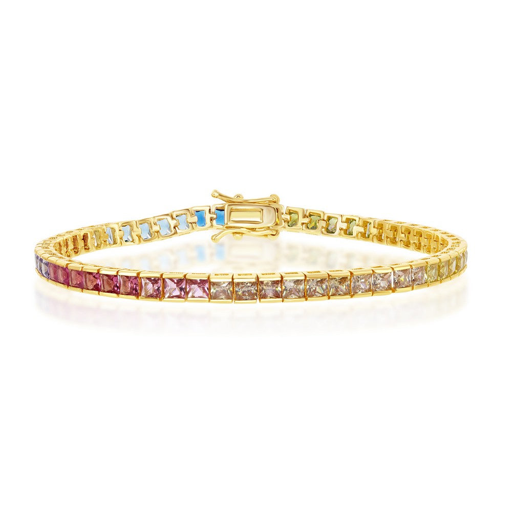 Sterling Silver Rainbow CZ Channel-Set Bracelet - Gold Plated