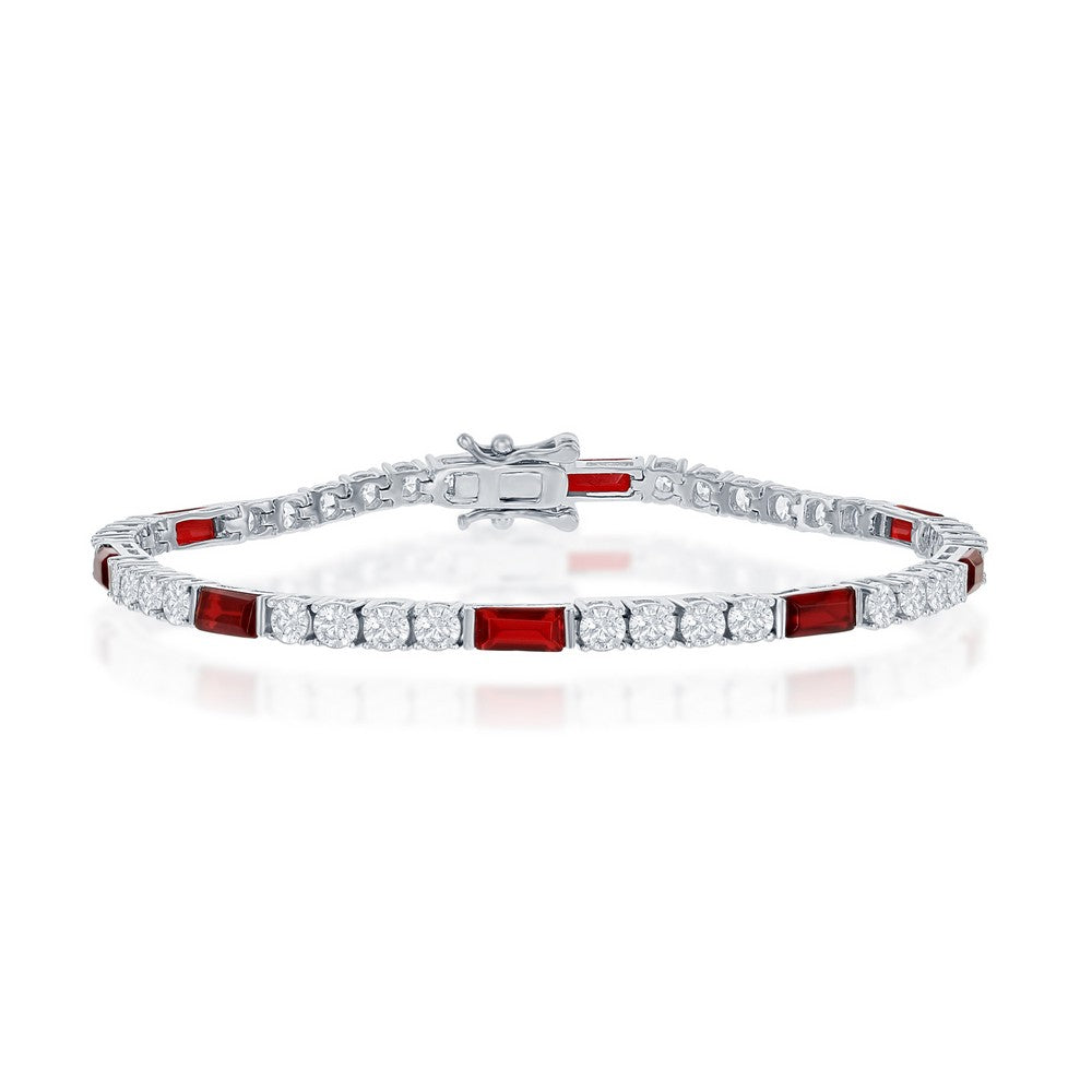 Sterling Silver, Round and Emerald-Cut 3mm Tennis Bracelet - Ruby CZ