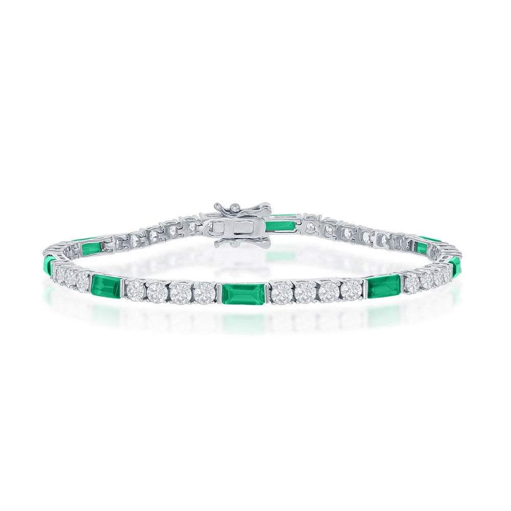 Sterling Silver, Round and Emerald-Cut 3mm Tennis Bracelet - Emerald CZ