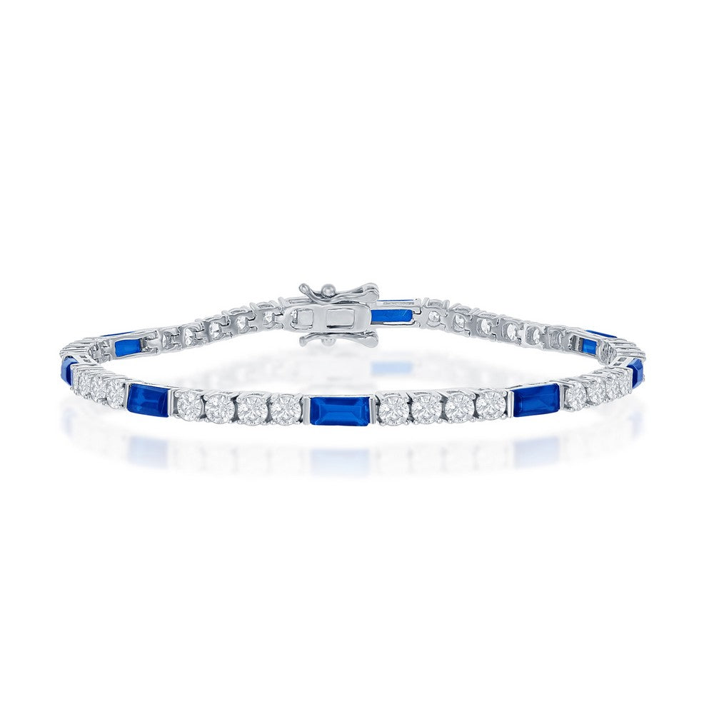Sterling Silver, Round and Emerald-Cut 3mm Tennis Bracelet - Sapphire CZ