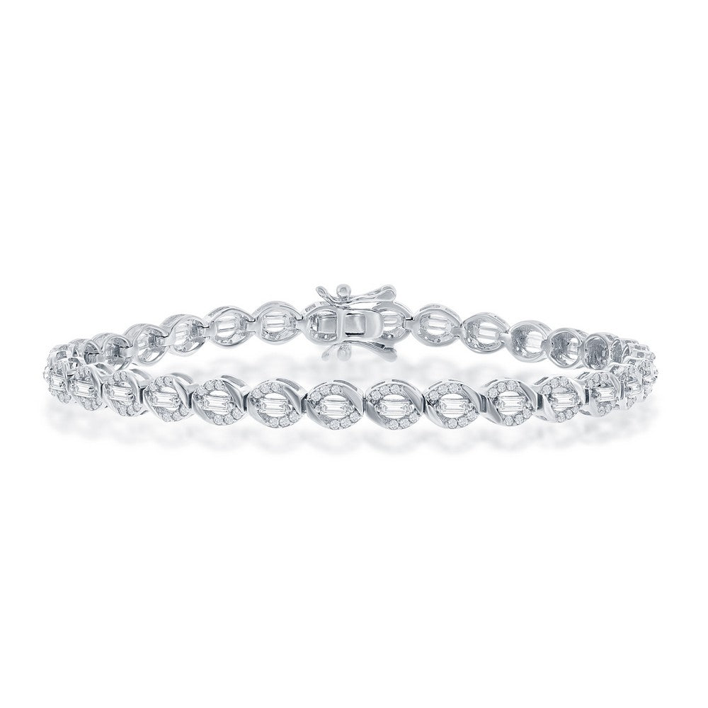 Sterling Silver, Baguette CZ 5mm Oval Tennis Bracelet