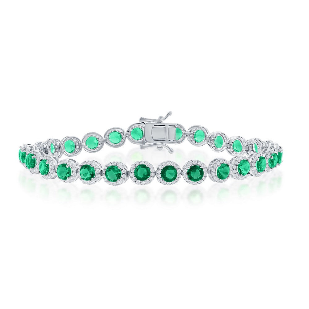 Sterling Silver, Round Halo White & Emerald CZ Linked Bracelet