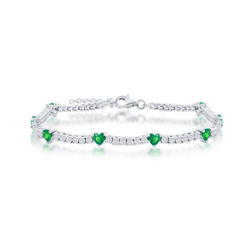 Sterling Silver, Heart and CZ Tennis Bracelet - Emerald CZ