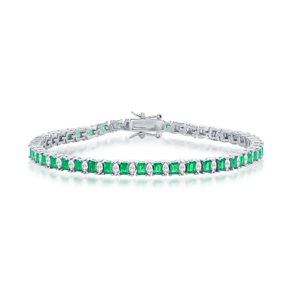 Sterling Silver, Rectangle & Marquise CZ 4mm Tennis Bracelet - Emerald CZ