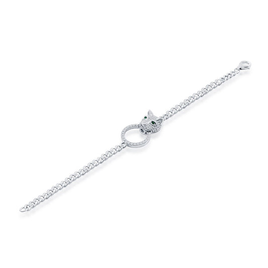 Sterling Silver, CZ Emerald Eyes Panther, Circle CZ Bracelet