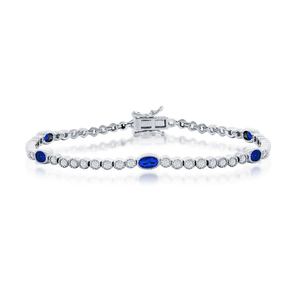 Sterling Silver, Beaded Outline Round & Oval CZ Bracelet - Sapphire