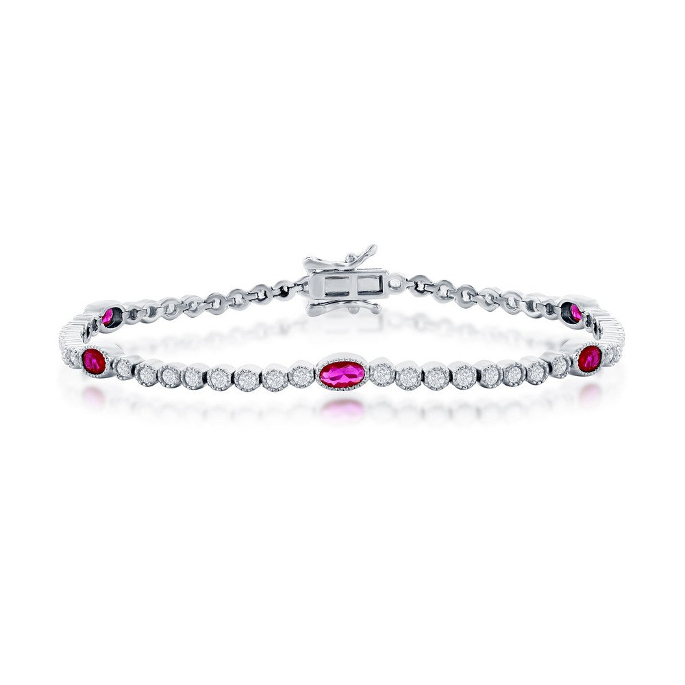 Sterling Silver, Beaded Outline Round & Oval CZ Bracelet - Ruby