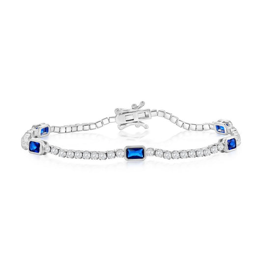 Sterling Silver, Rectangle Bezel-Set & Round CZ Bracelet - Sapphire