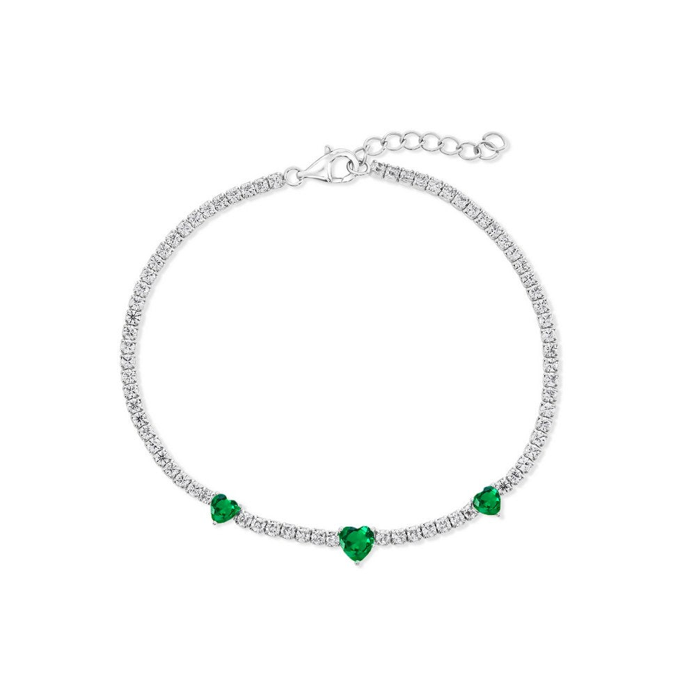 Sterling Silver, Heart CZ Tennis Bracelet - Emerald CZ