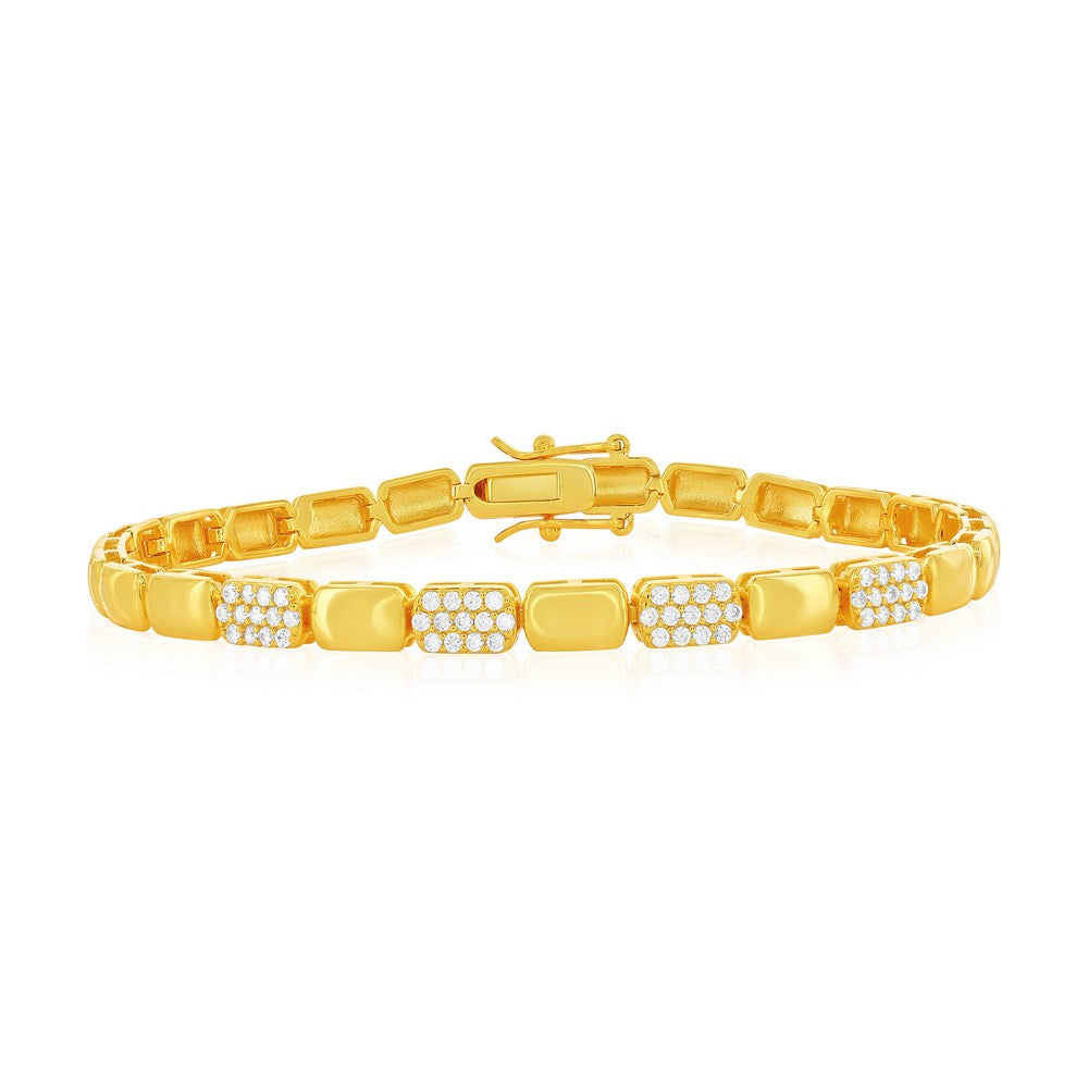Sterling Silver, Polished & CZ Rectangle Bracelet - Gold Plated