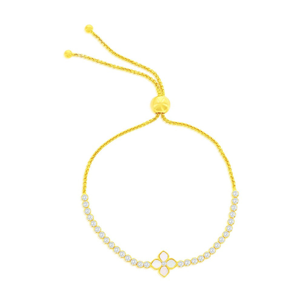 Sterling Silver, Flower MOP Center, CZ Adjustable Bolo Bracelet - Gold Plated