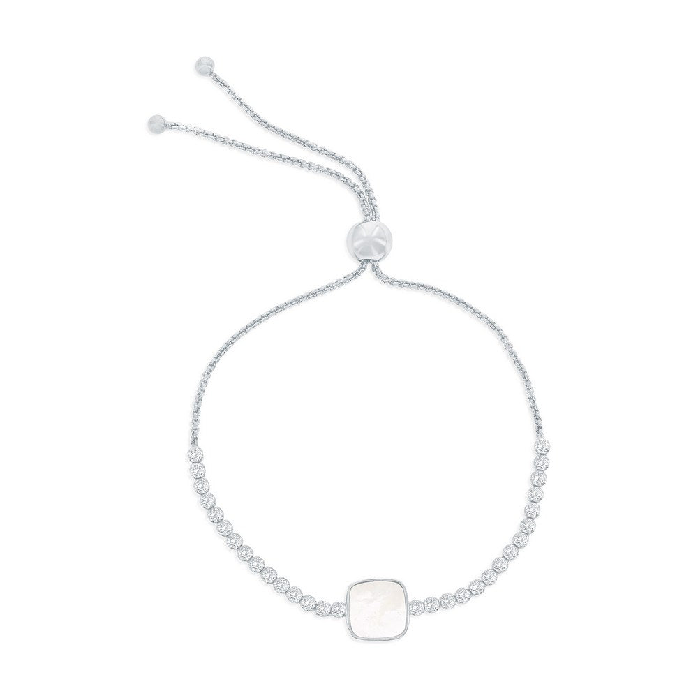 Sterling Silver, Square MOP Center, CZ Adjustable Bolo Bracelet