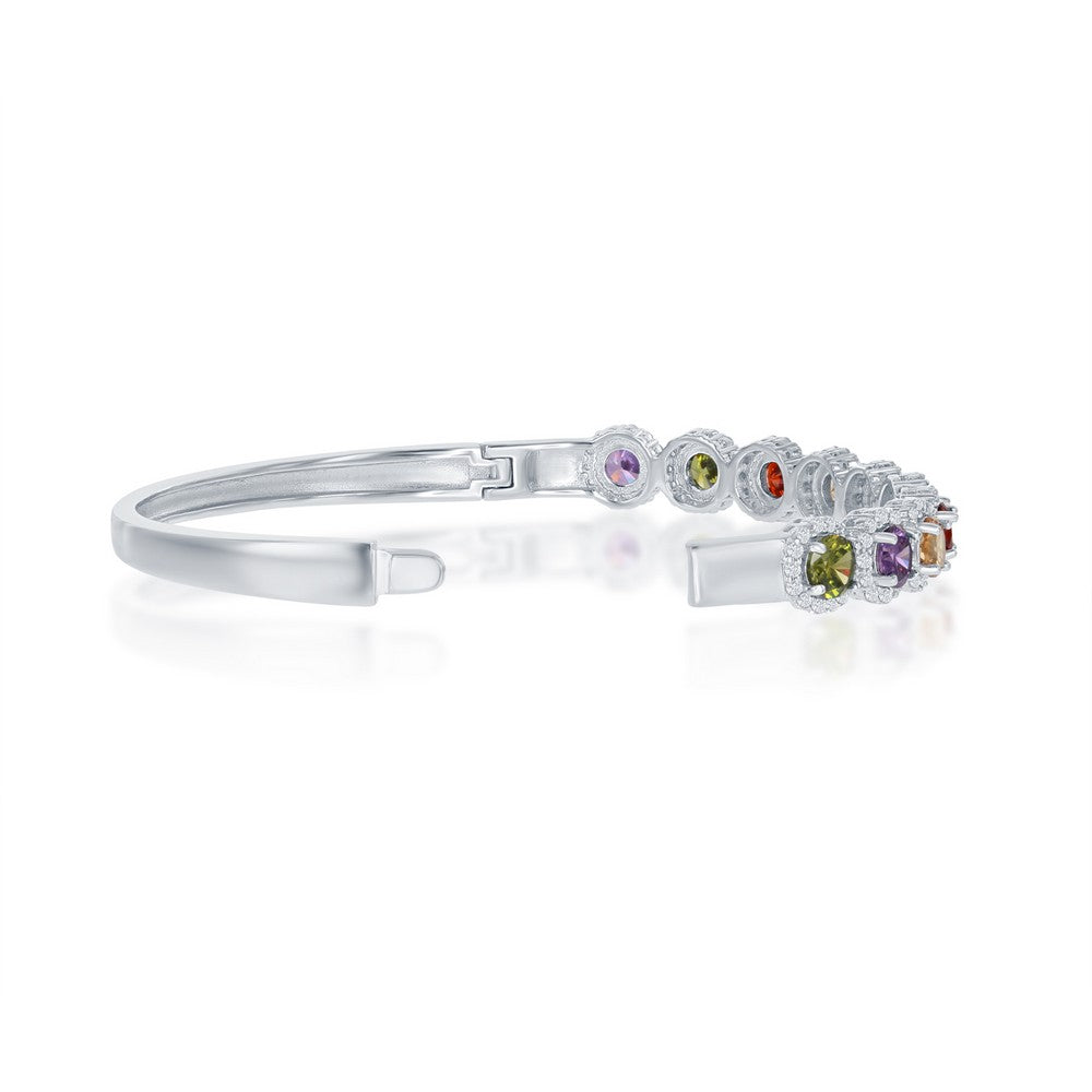 Sterling Silver Halo Rainbow CZ with White CZ Border Bangle