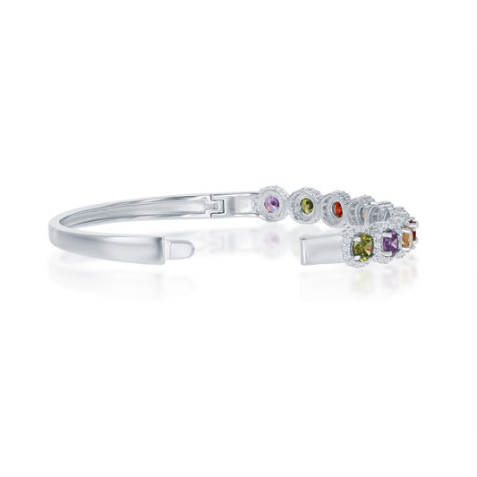 Sterling Silver Halo Rainbow CZ with White CZ Border Bangle