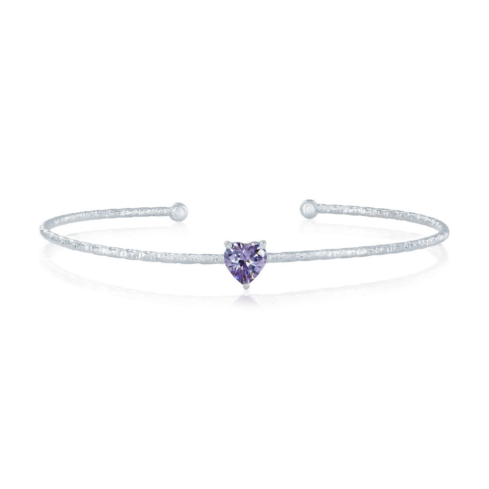 Sterling Silver, 'June' Birthstone CZ Heart Bangle - Lavender