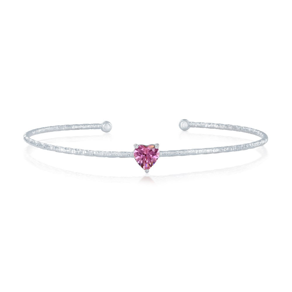 Sterling Silver, 'October' Birthstone CZ Heart Bangle - Pink