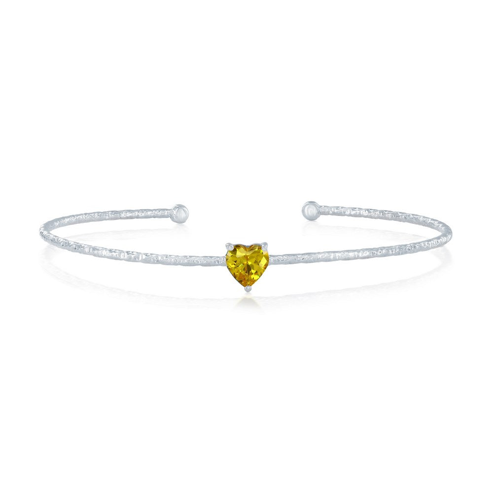 Sterling Silver, 'November' Birthstone CZ Heart Bangle - Citrine