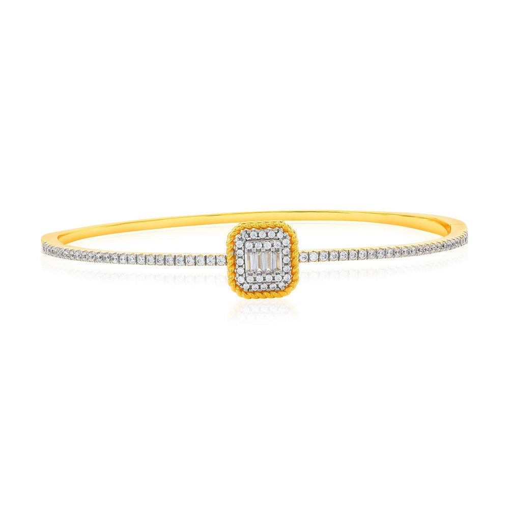 Sterling Silver, Baguette & Pave Rectangle CZ Bangle - Gold Plated