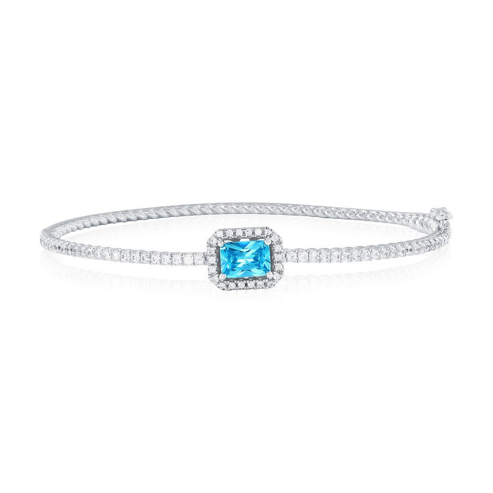 Sterling Silver, Emerald-Cut Aqua & White CZ Bangle