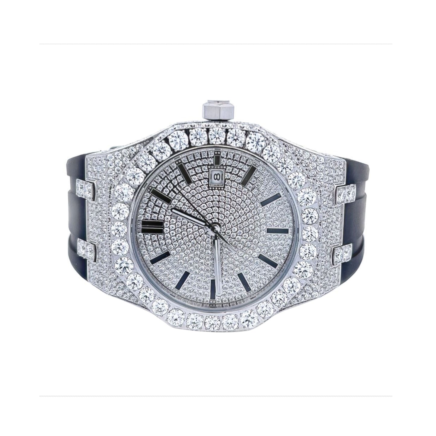 Moissanite Stainless Steel Watch Black Rubber Band 15-3/4 Cttw