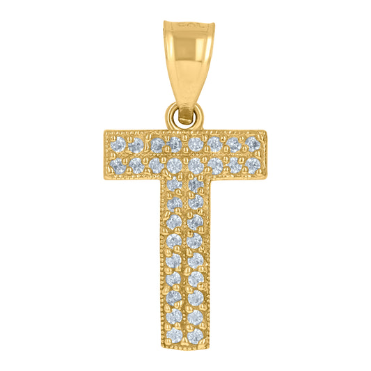 10Kt Gold Cz Initial "T" Letter Pendant