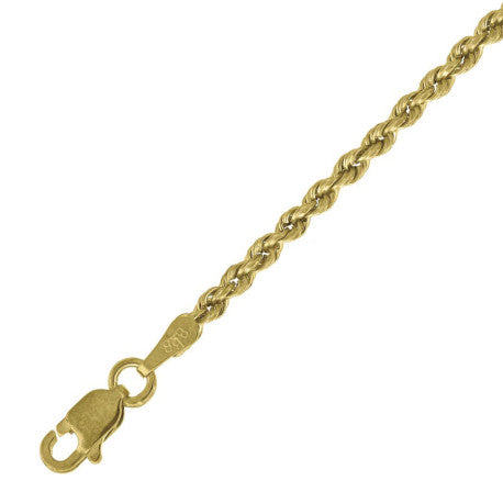 10kt Yellow Gold Hollow Rope Chain 2mm 7 to 30 inches