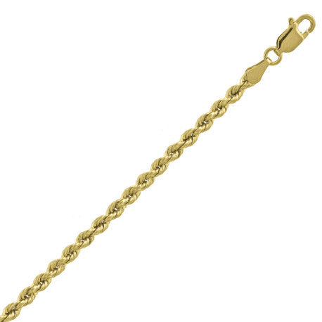 10kt Yellow Gold Hollow Rope Chain 3mm 7 to 30 inches