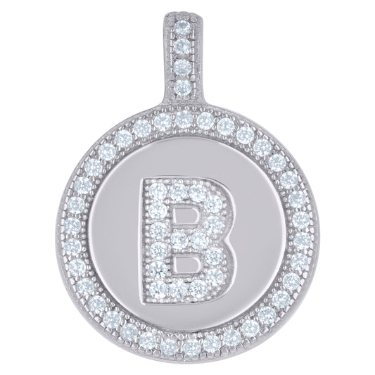 925 Sterling Silver Cz Pendant Disc Initial B