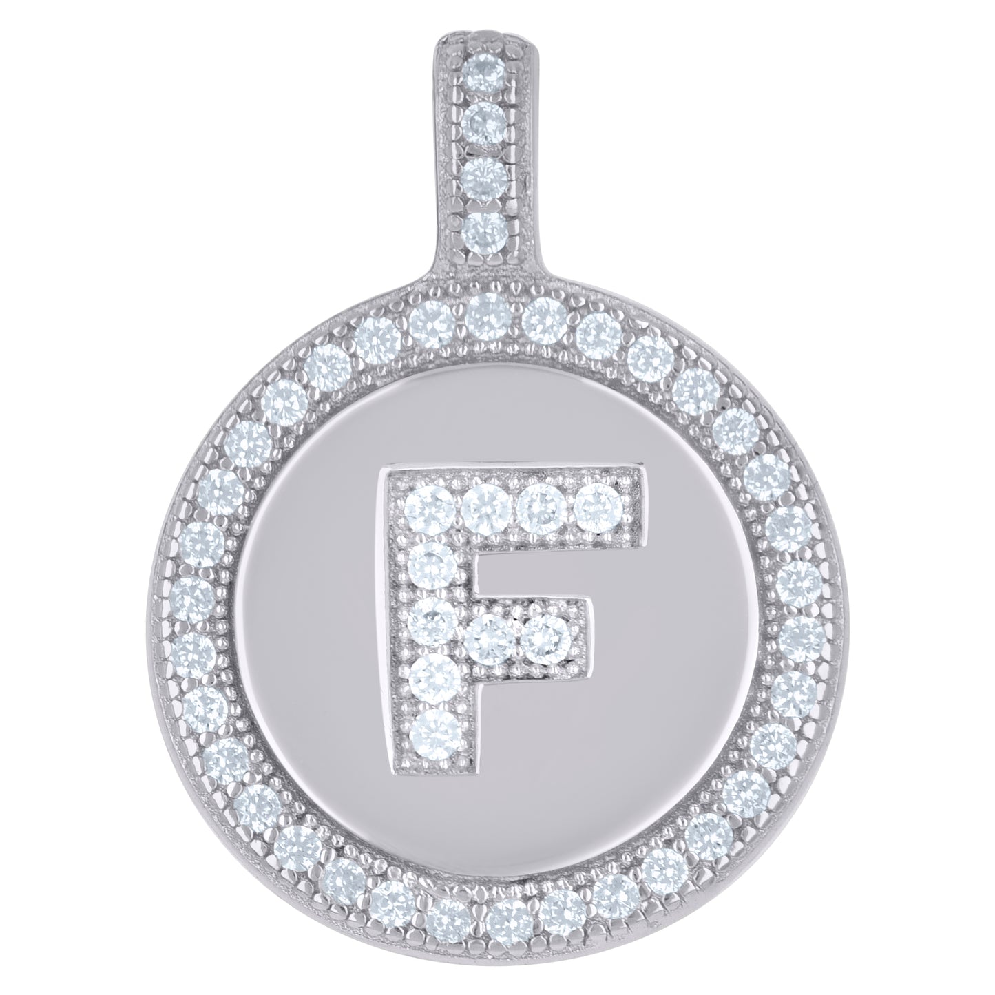 925 Sterling Silver Cz Pendant Disc Initial F
