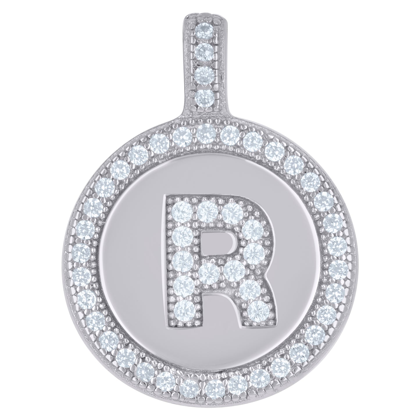925 Sterling Silver Cz Pendant Disc Initial R