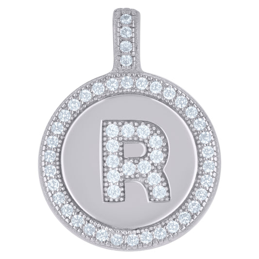 925 Sterling Silver Cz Pendant Disc Initial R