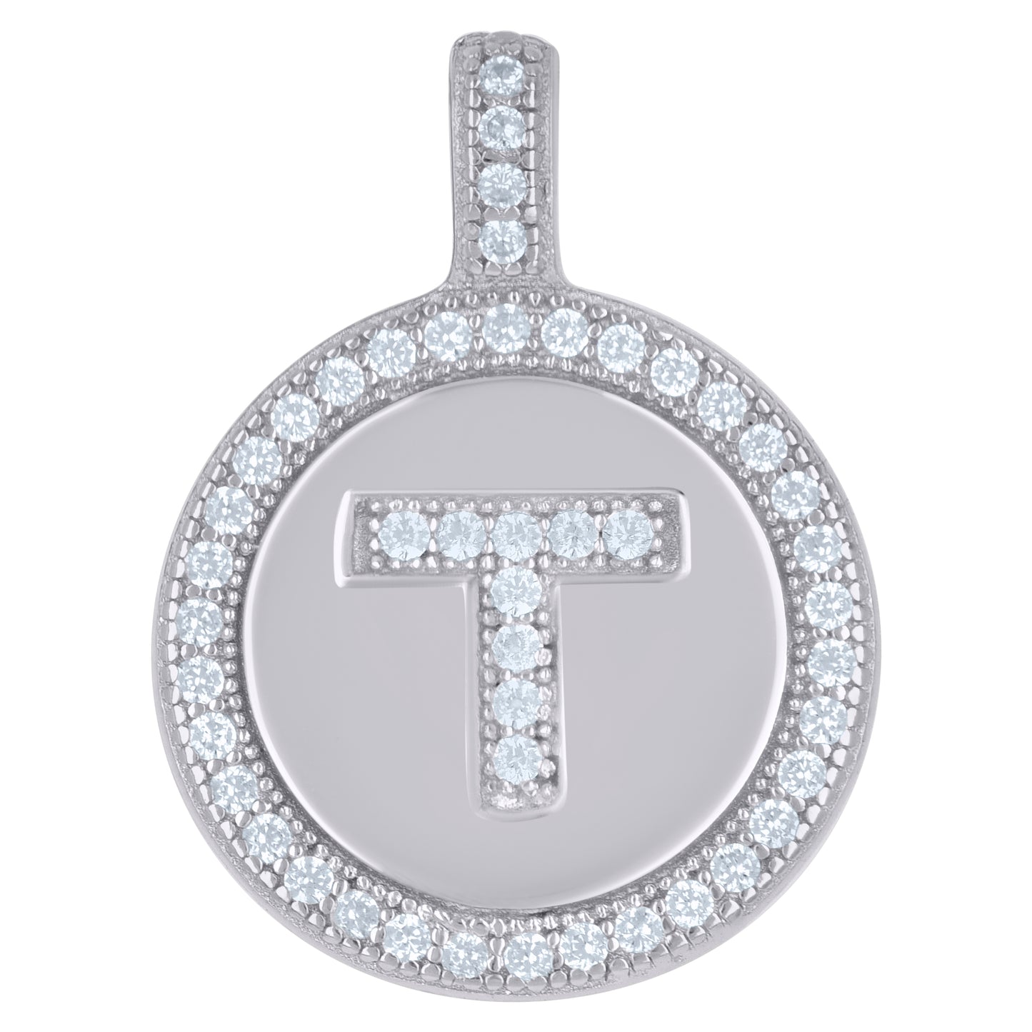 925 Sterling Silver Cz Pendant Disc Initial T