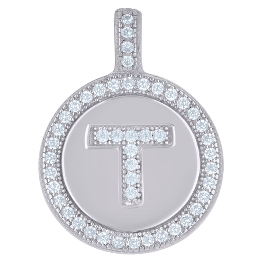 925 Sterling Silver Cz Pendant Disc Initial T