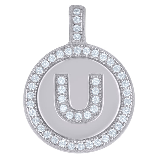 925 Sterling Silver Cz Pendant Disc Initial U