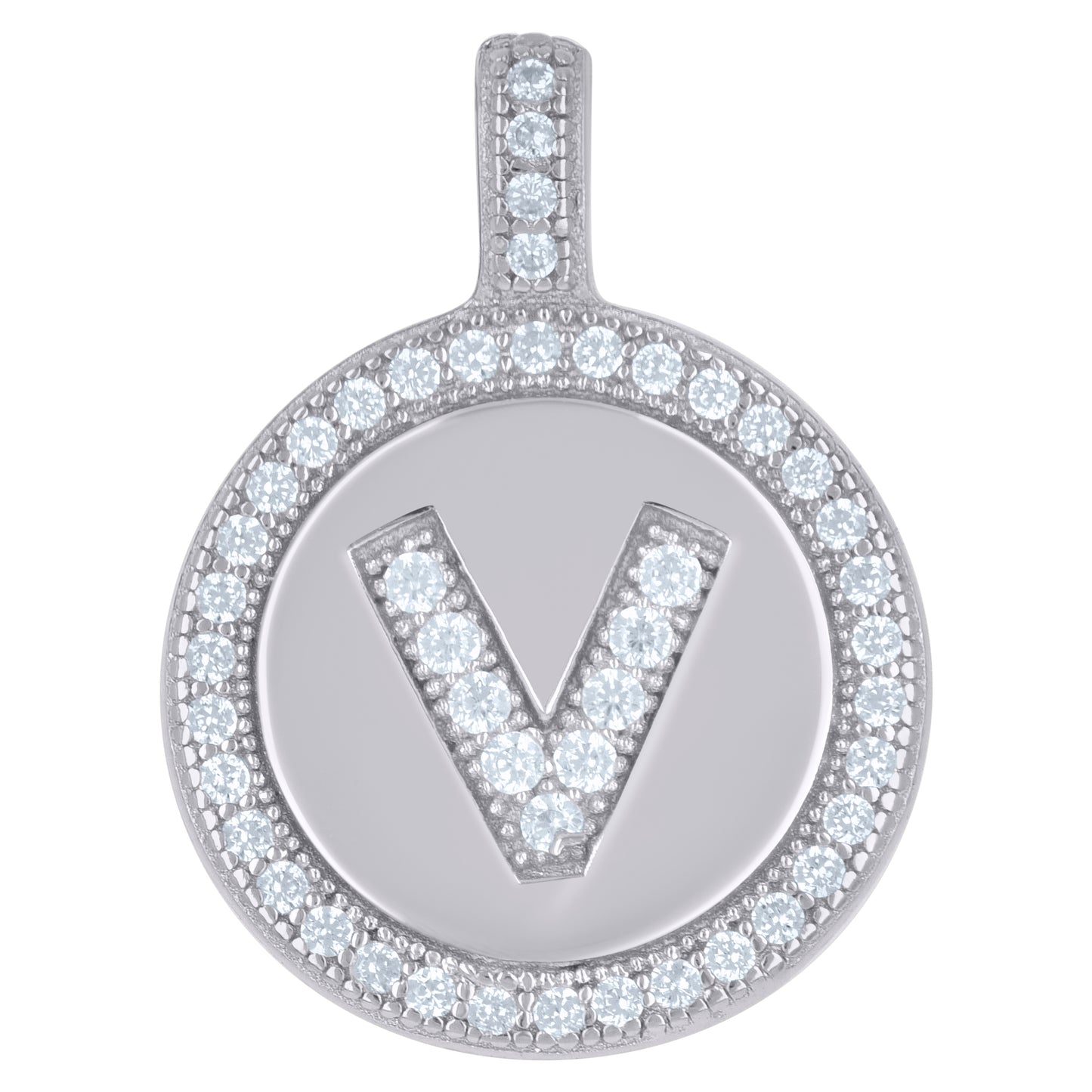 925 Sterling Silver Cz Pendant Disc Initial V