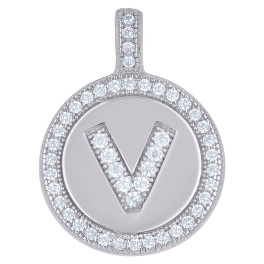 925 Sterling Silver Cz Pendant Disc Initial V