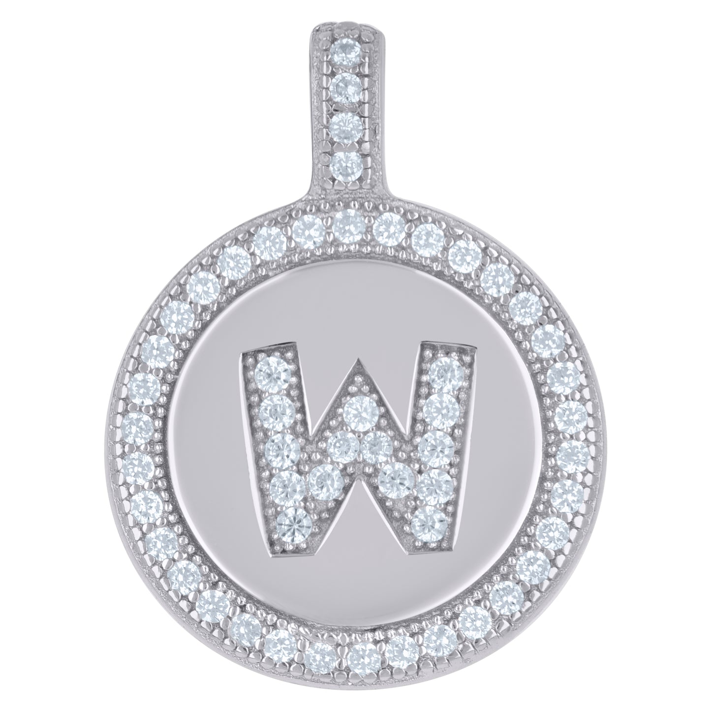 925 Sterling Silver Cz Pendant Disc Initial W