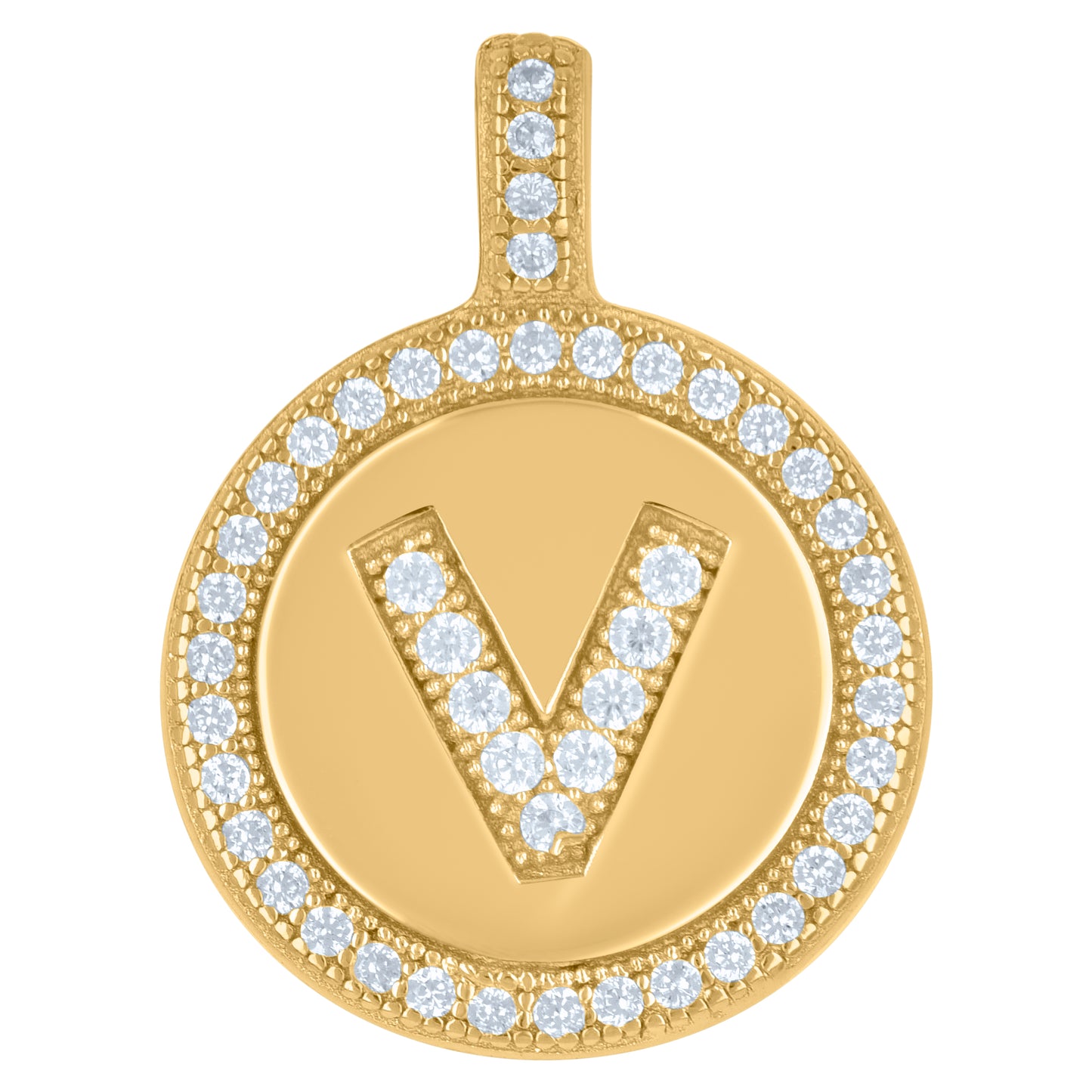 925 Sterling Silver Cz Pendant Disc Initial V