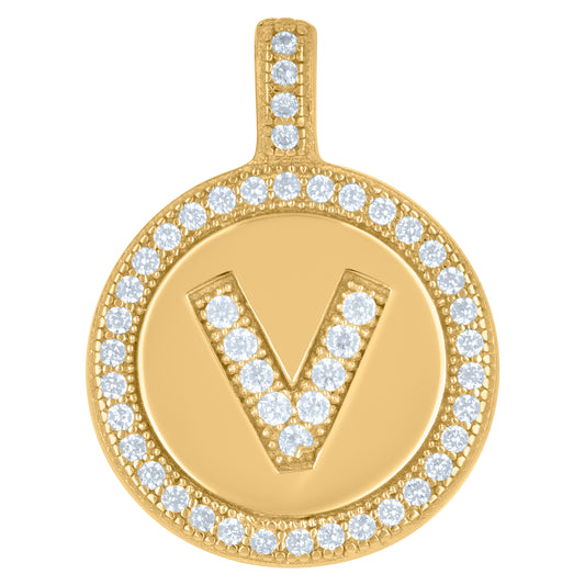 925 Sterling Silver Cz Pendant Disc Initial V