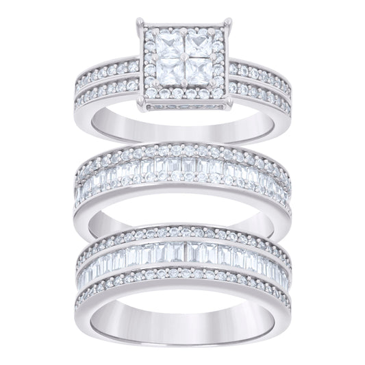 925 Sterling Silver Cz Trio Ring Set S6