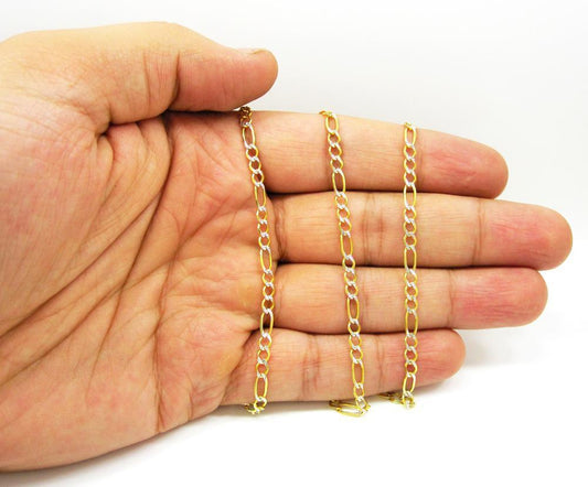 10kt Two-tone Gold Hollow Figaro Pave Chain 1.9mm 7 to 24 inches