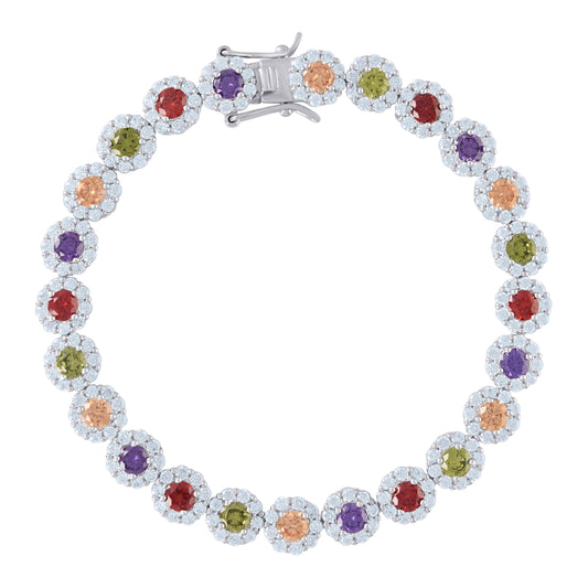 925 Sterling Silver Cz Flower Bracelet 7.5"