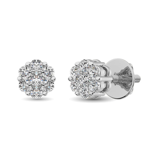 14K White Gold 1/2 Ct.Tw. Diamond Flower Studs Earrings