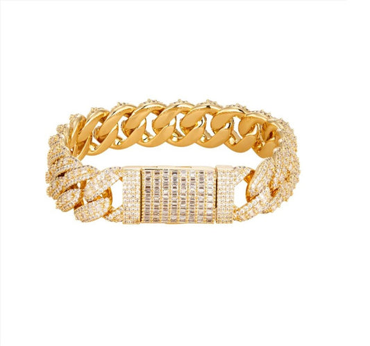 S.Silver 14mm Moissanite Miami Cuban Emerald 8 Inch Bracelet GP 13-7/8 Cttw