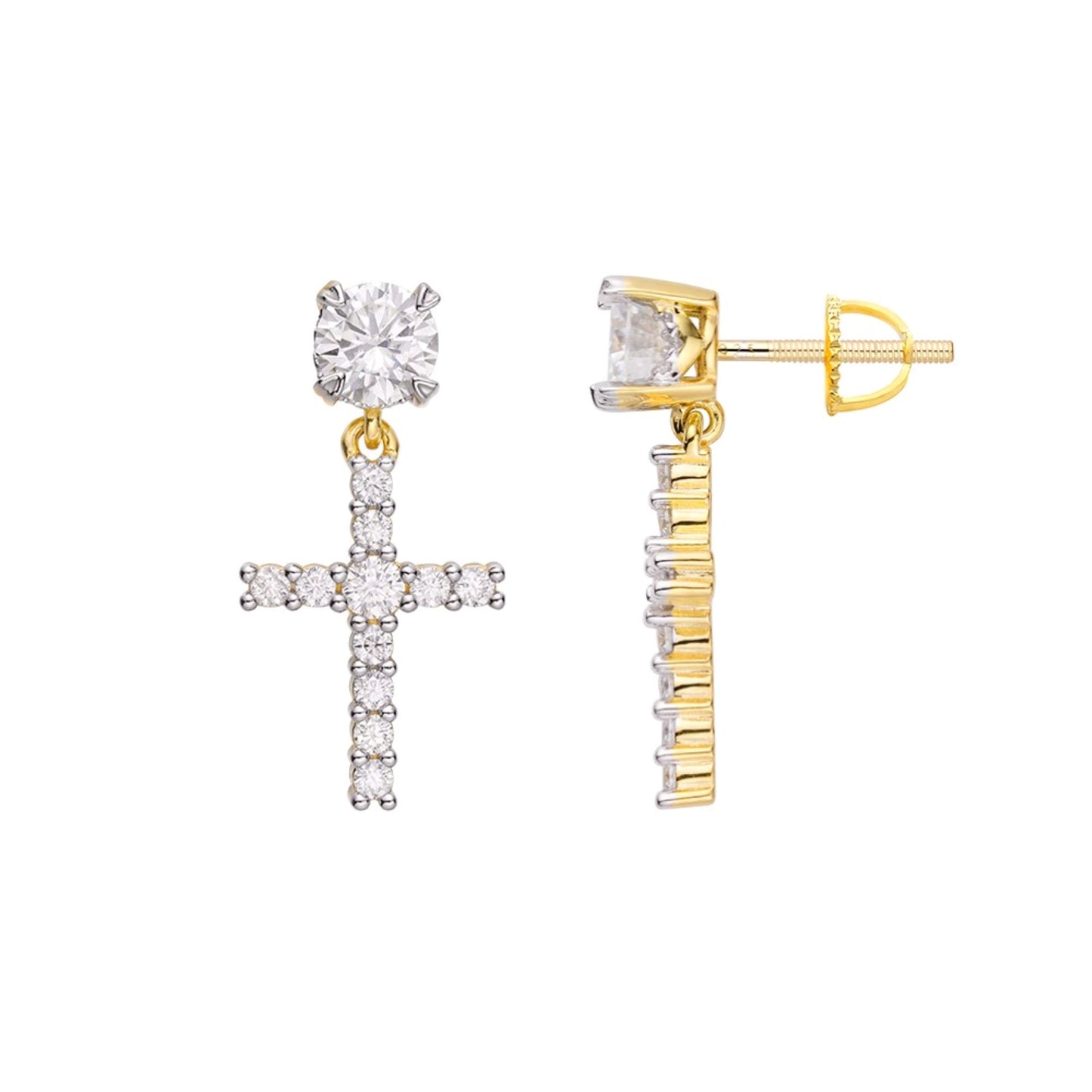 Sterling Silver Round Moissanite Cross Religious Stud Earrings RP+GP 7/8 Cttw