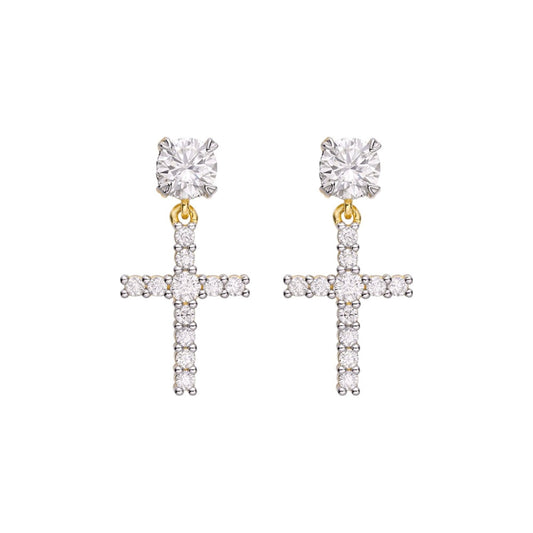 Sterling Silver Round Moissanite Cross Religious Stud Earrings RP+GP 7/8 Cttw