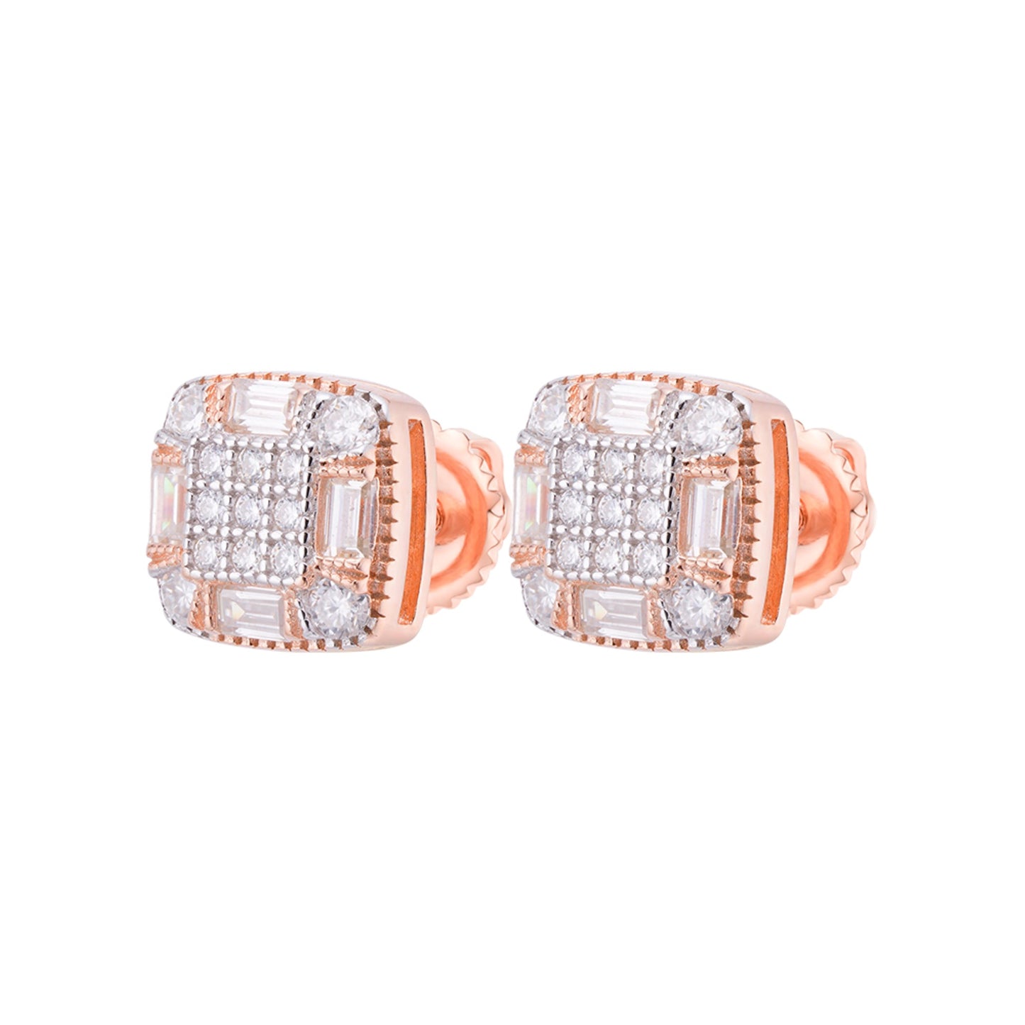 S.Silver Round Baguette Moissanite Square Shape Stud Earrings RP+PP 3/4 Cttw