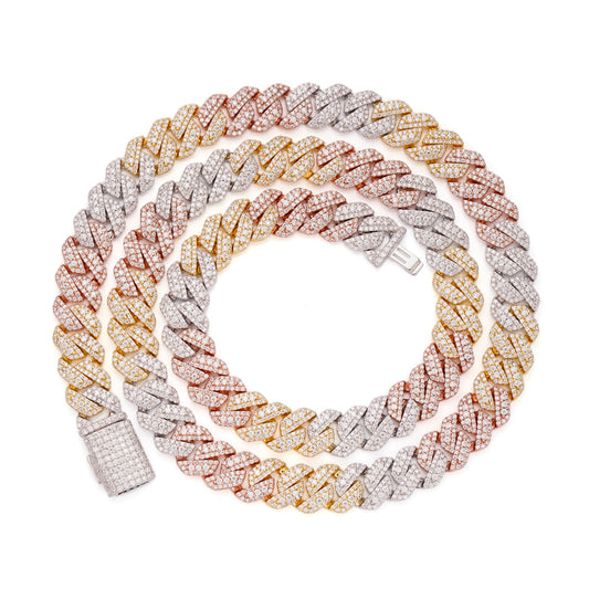 Sterling Silver Round Big Stone in Center Surrounded with Small Stones 10mm Moissanite Cuban Chain 22Inch Necklace RP+GP+PP 18-3/8 Cttw